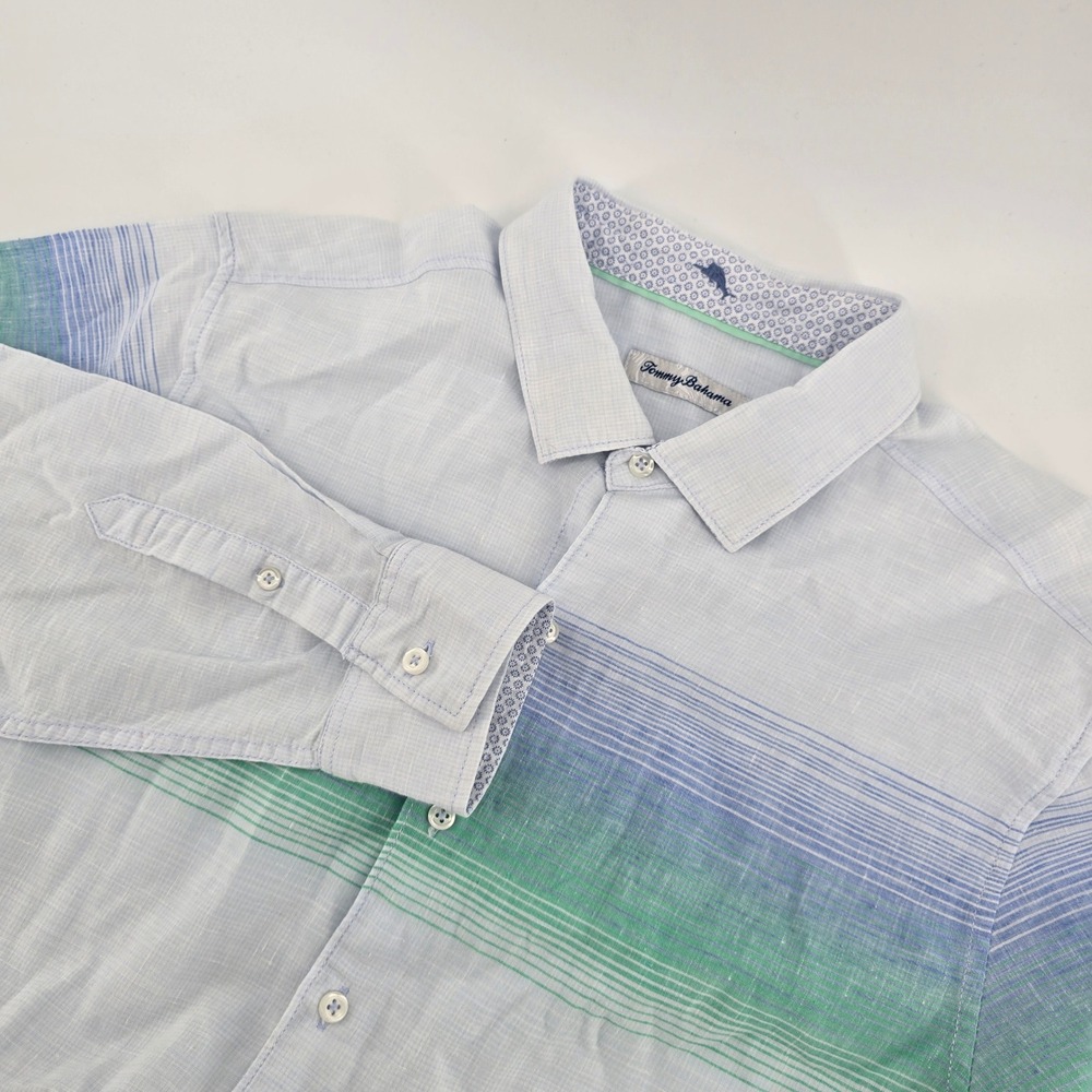 Tommy Bahama Mens Large Linen Blend Gradient Stripe Button Down Shirt Blue Green